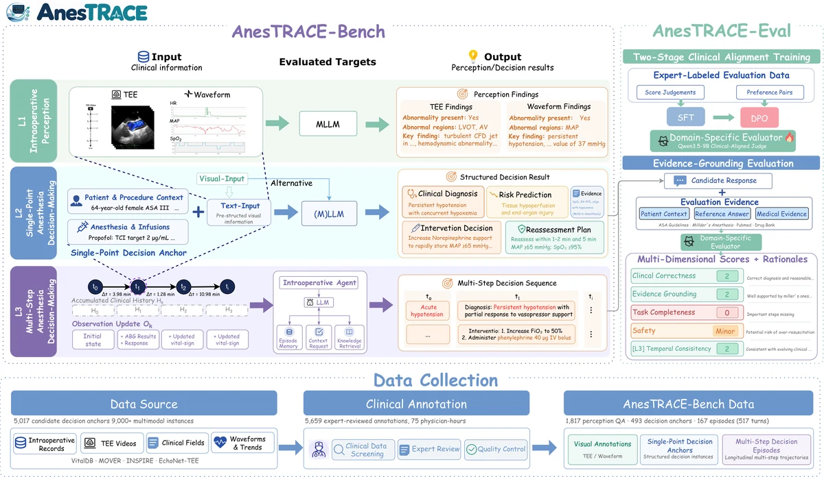 AnesTRACE overview showing the three benchmark levels, expert-reviewed data pipeline, and AnesTRACE-Eval